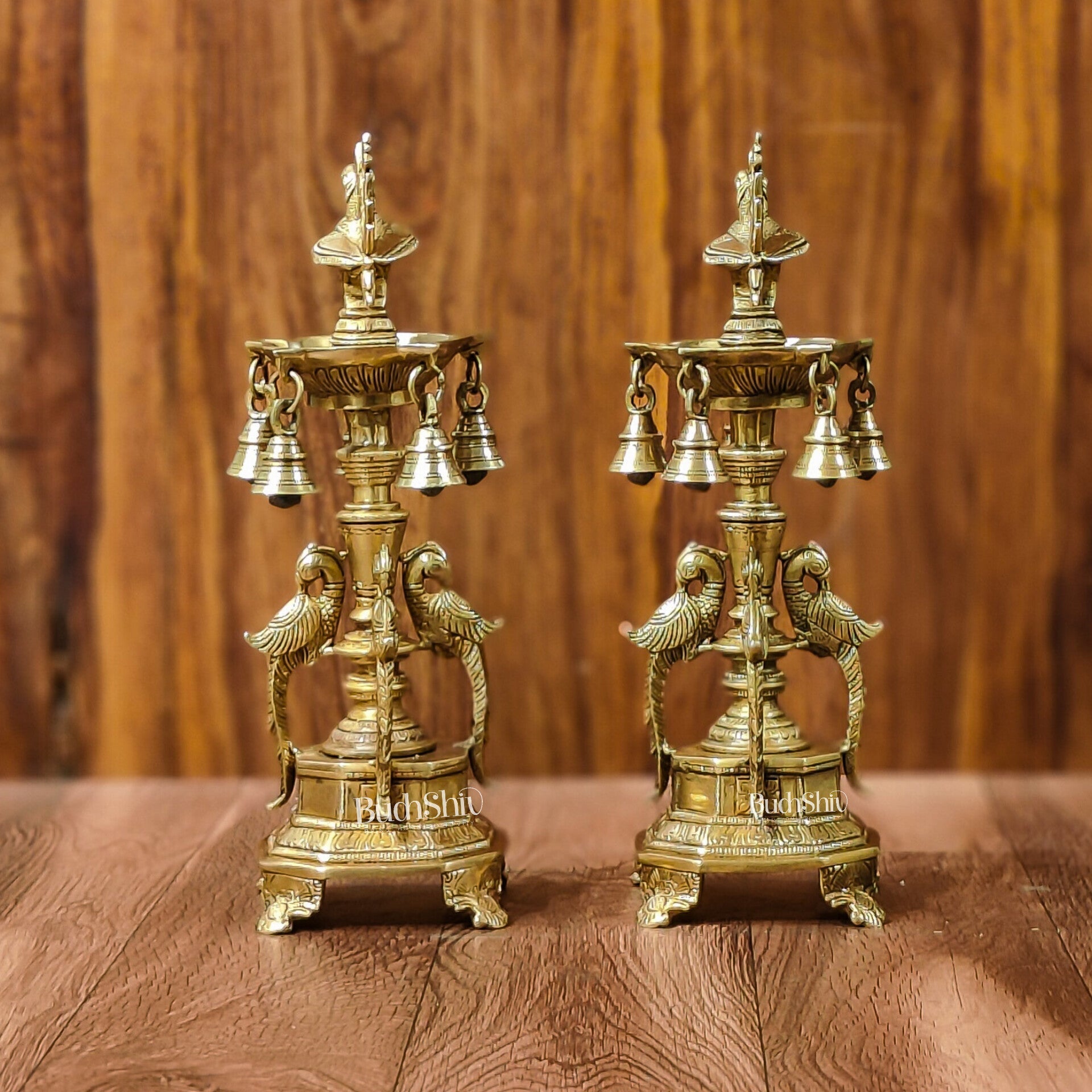 Brass Peacock Lamp with Bells: Exquisite Elegance and Artistry 13"