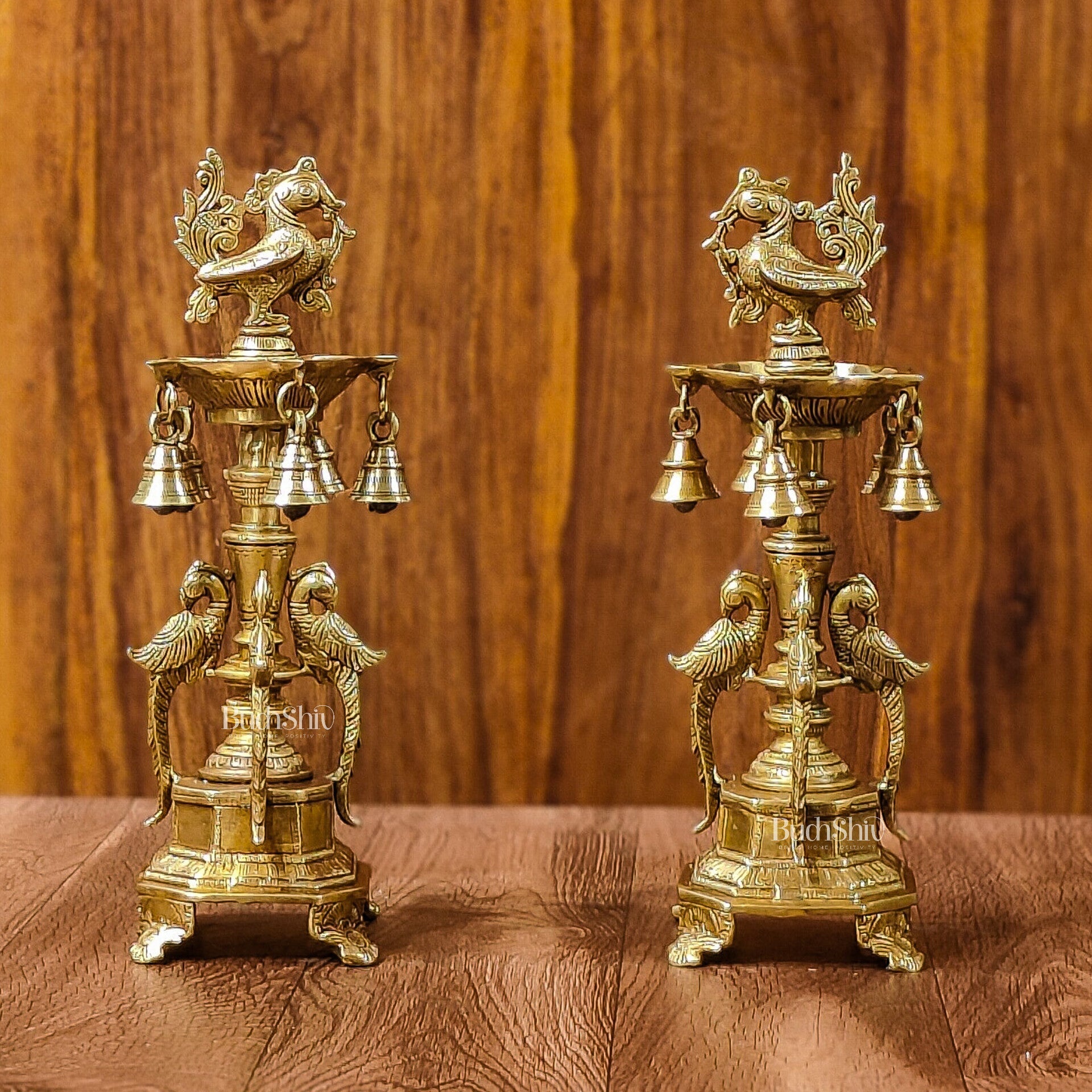 Brass Peacock Lamp with Bells: Exquisite Elegance and Artistry 13"