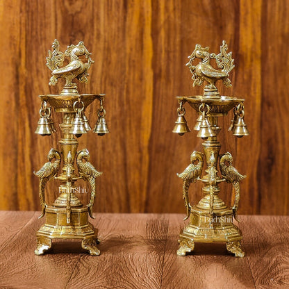 Brass Peacock Lamp with Bells: Exquisite Elegance and Artistry 13"