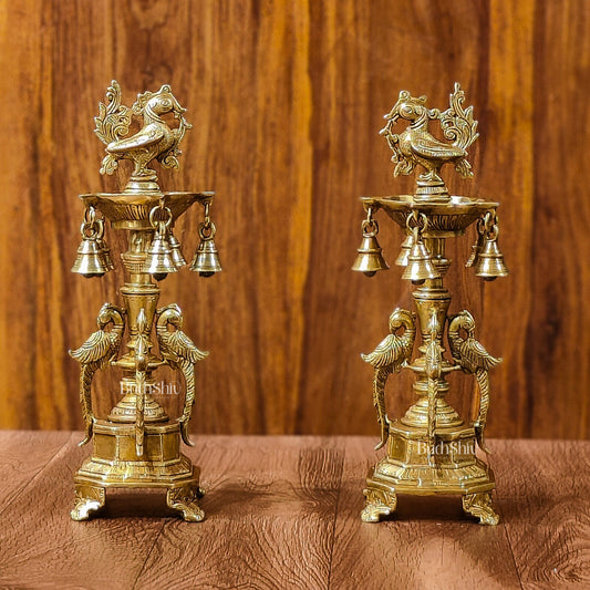 Brass Peacock Lamp with Bells: Exquisite Elegance and Artistry 13"