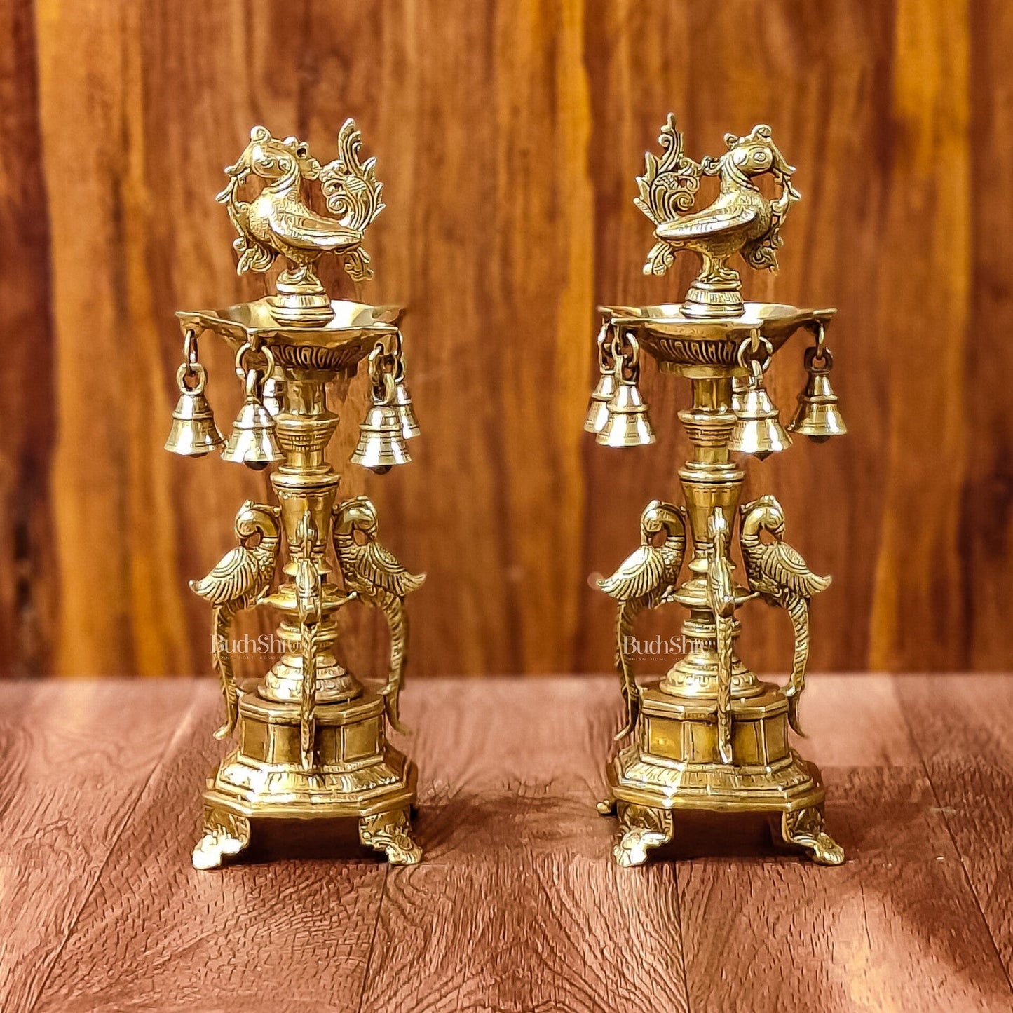 Brass Peacock Lamp with Bells: Exquisite Elegance and Artistry 13"