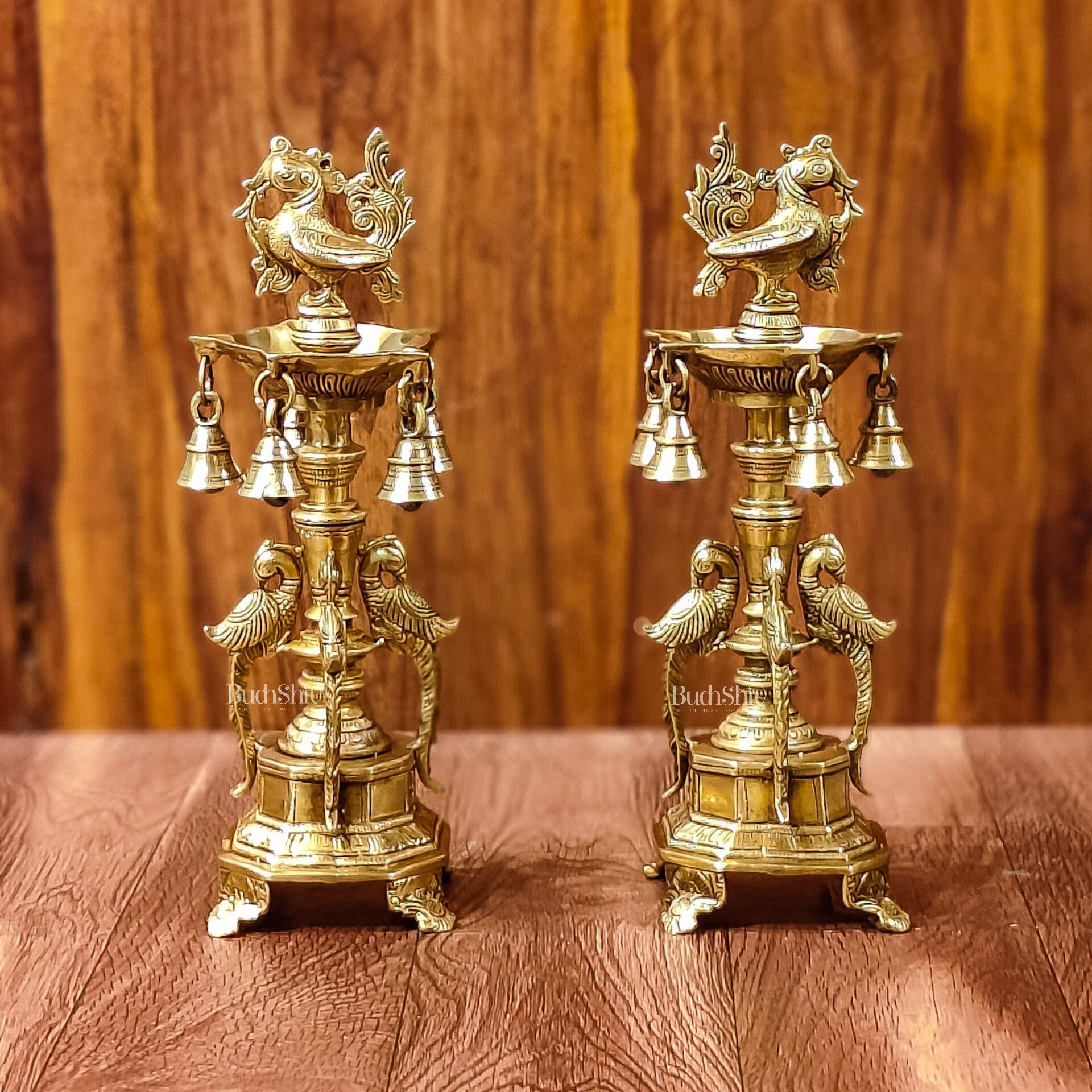 Brass Peacock Lamp with Bells: Exquisite Elegance and Artistry 13"