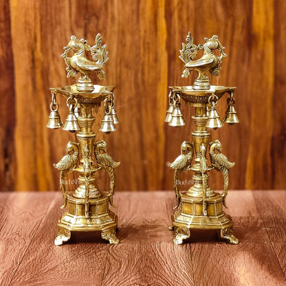 Brass Peacock Lamp with Bells: Exquisite Elegance and Artistry 13"