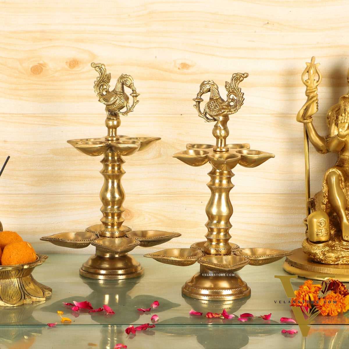Brass Peacock lamps with multiple diyas 11"