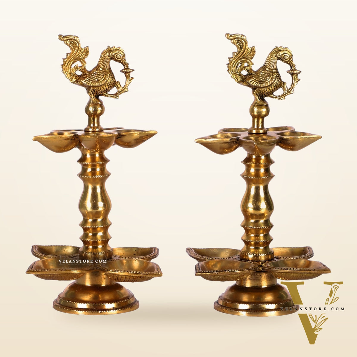 Brass Peacock lamps with multiple diyas 11"