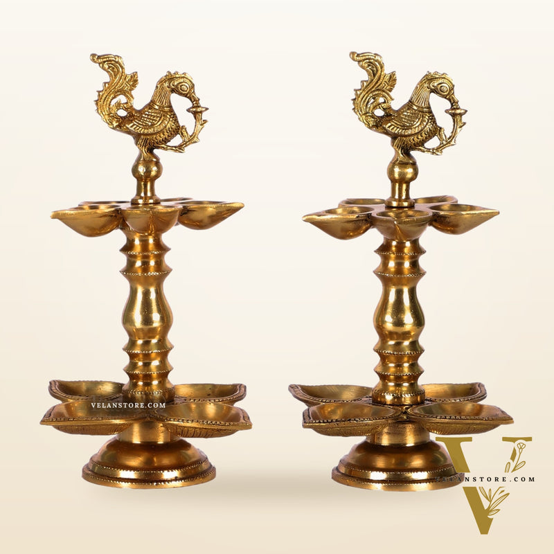 Brass Peacock lamps with multiple diyas 11"