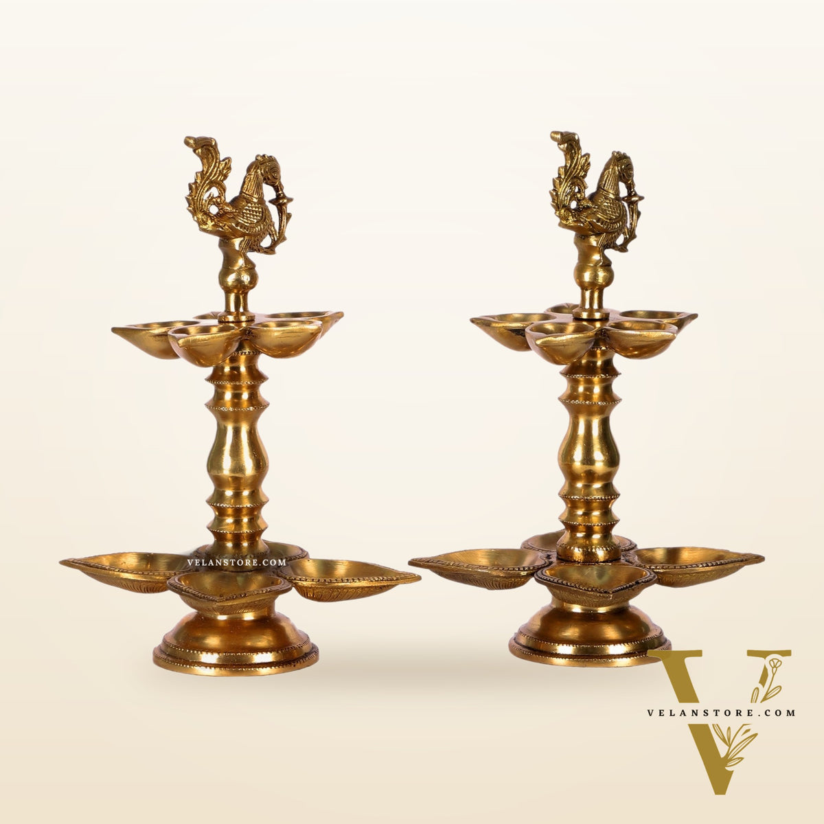 Brass Peacock lamps with multiple diyas 11"