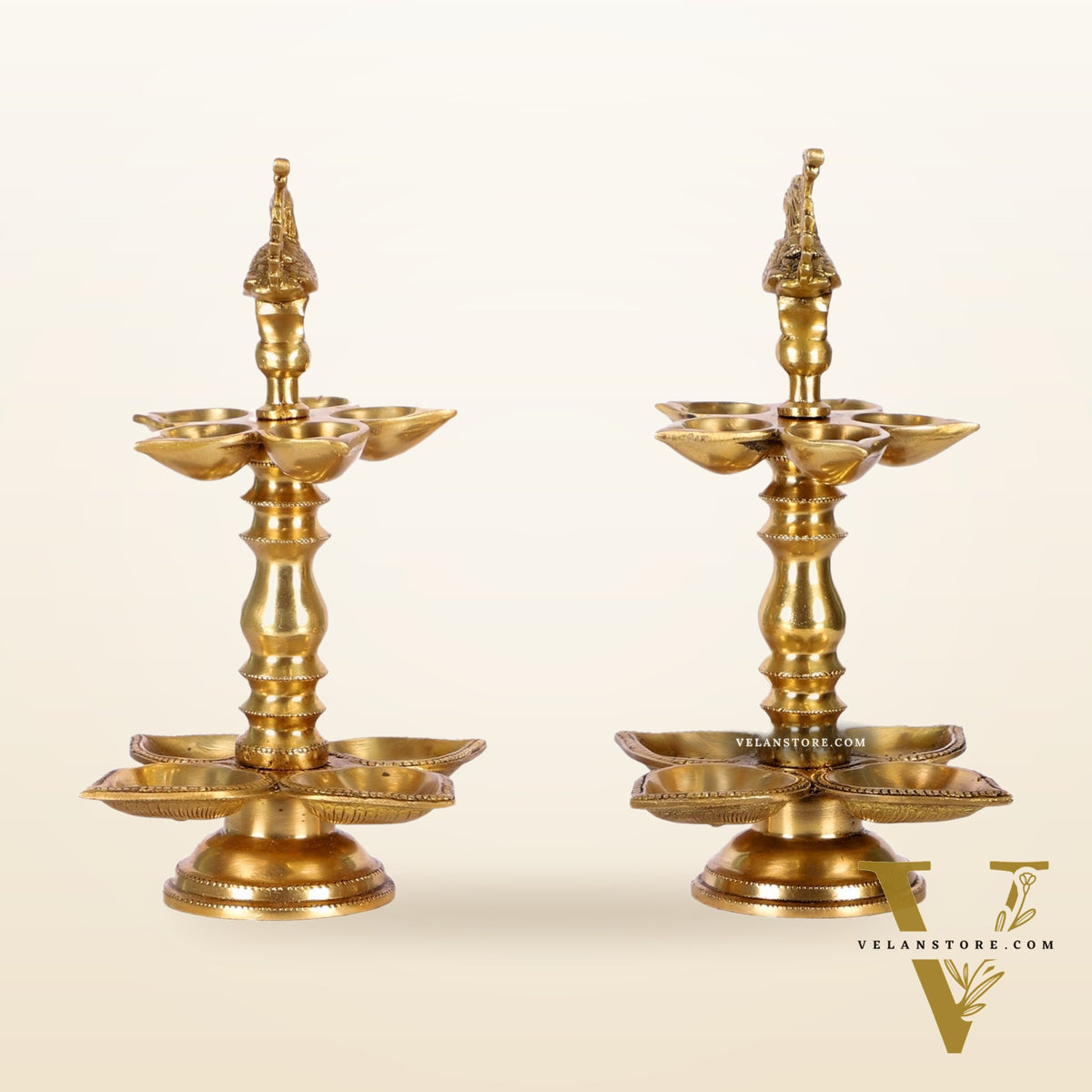 Brass Peacock lamps with multiple diyas 11"