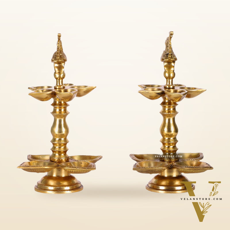 Brass Peacock lamps with multiple diyas 11"
