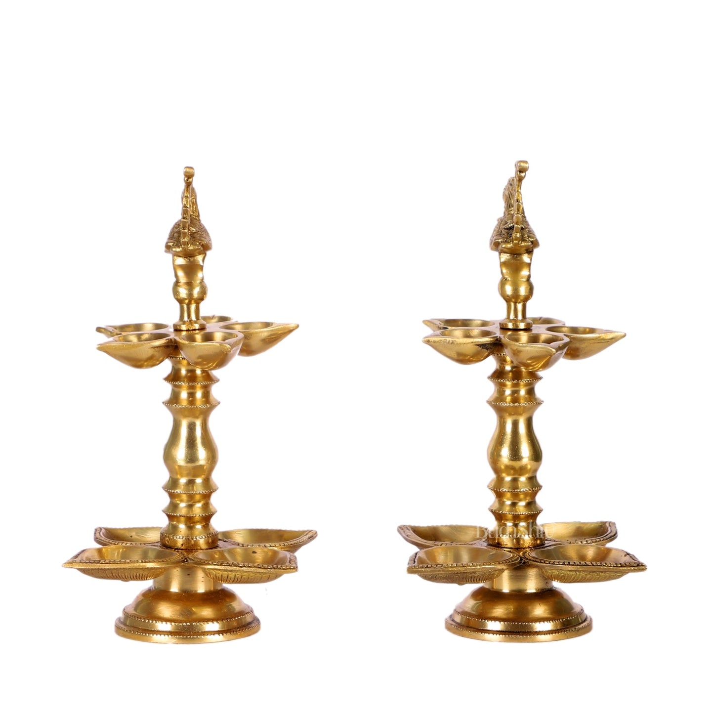 Brass Peacock lamps with multiple diyas 11"