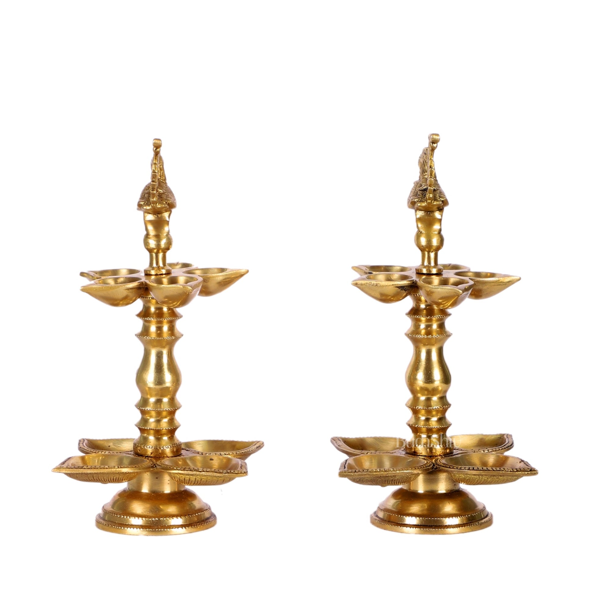 Brass Peacock lamps with multiple diyas 11"
