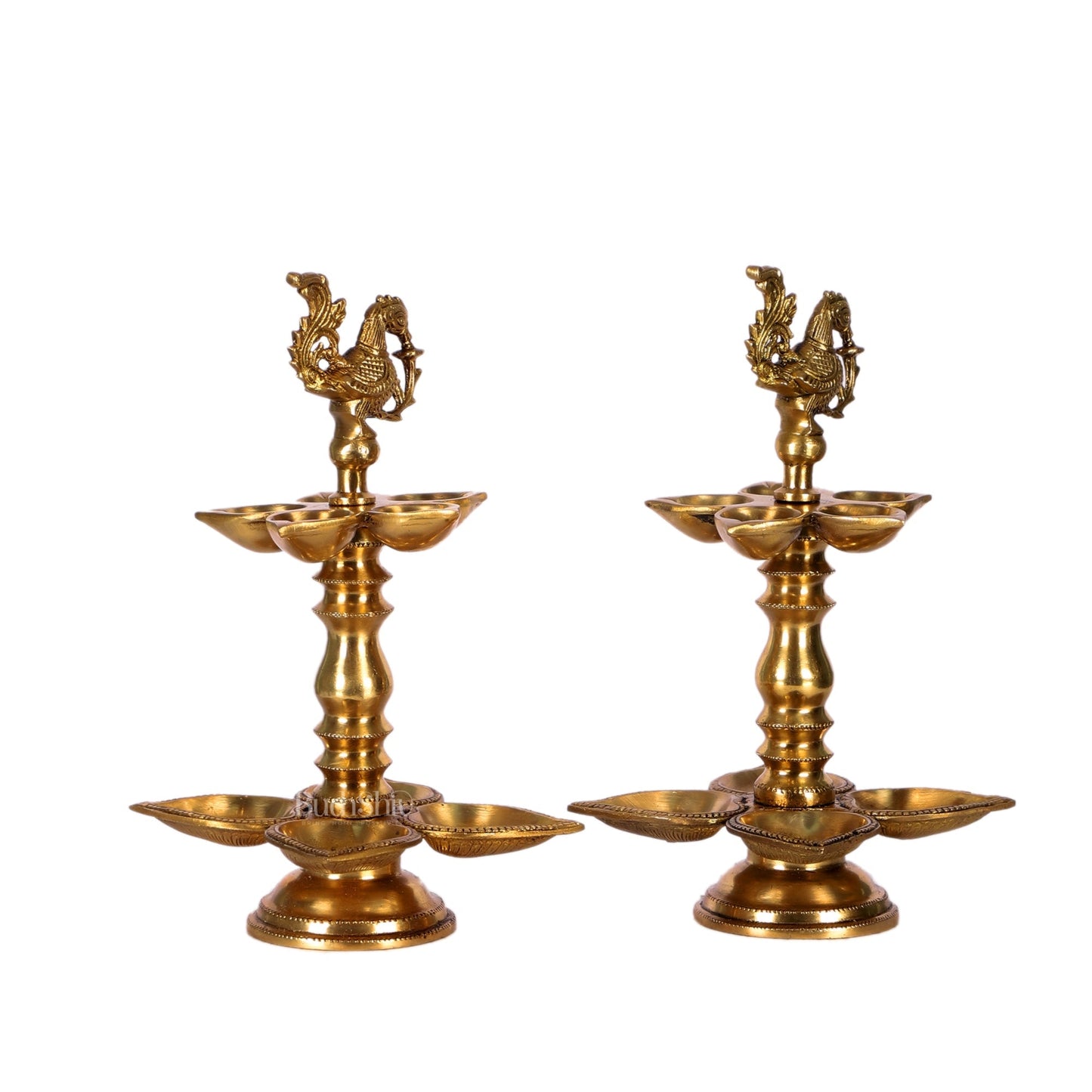 Brass Peacock lamps with multiple diyas 11"