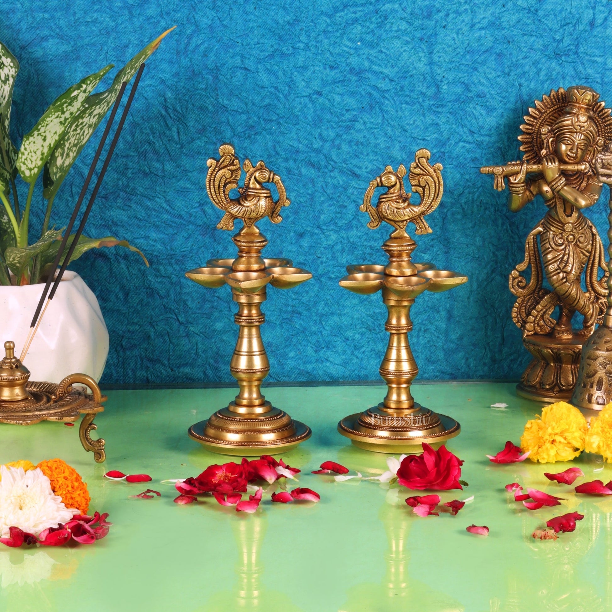 Brass Peacock Oil Lamp 8"