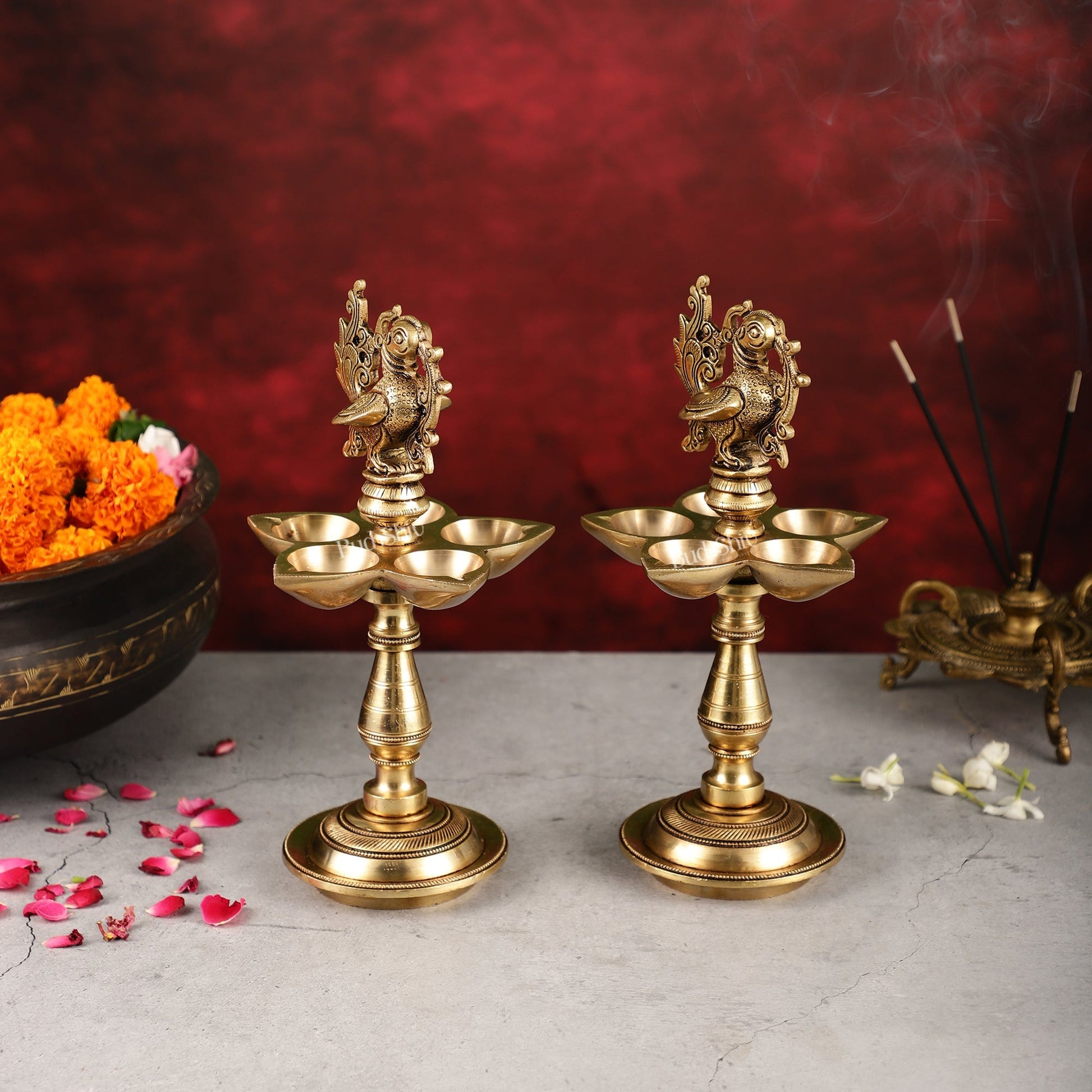 Brass Peacock Oil Lamp 9.5"