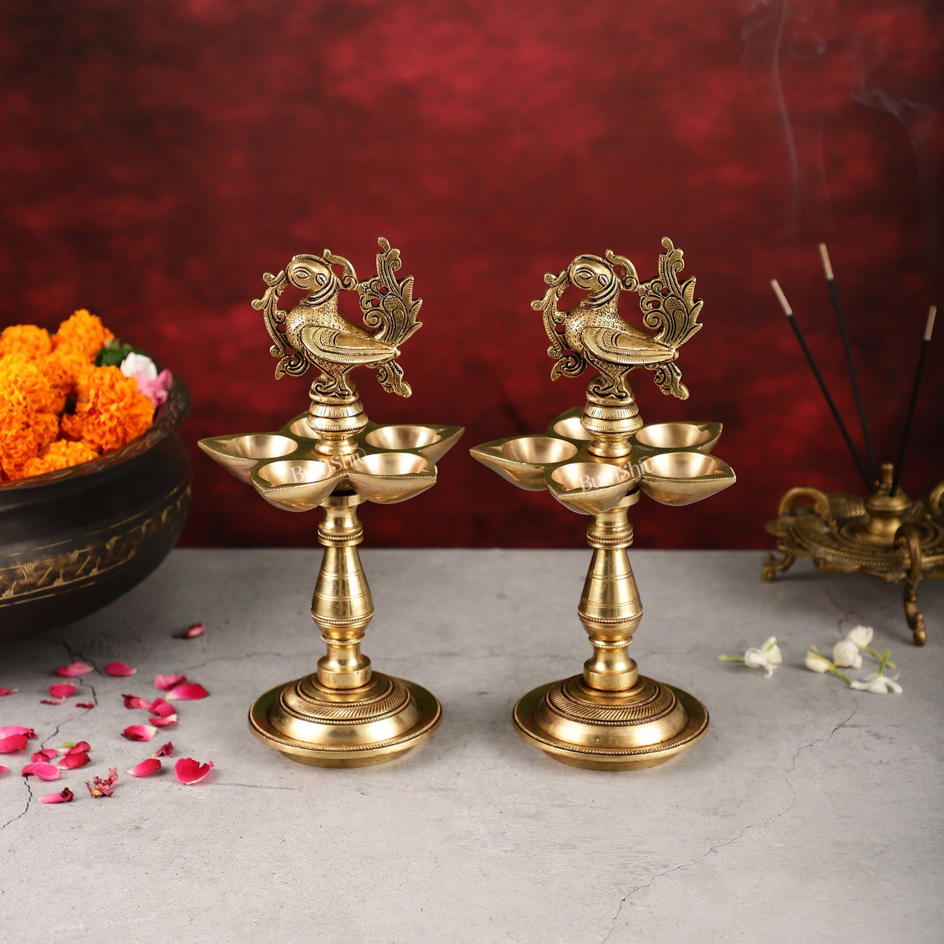 Brass Peacock Oil Lamp 9.5"