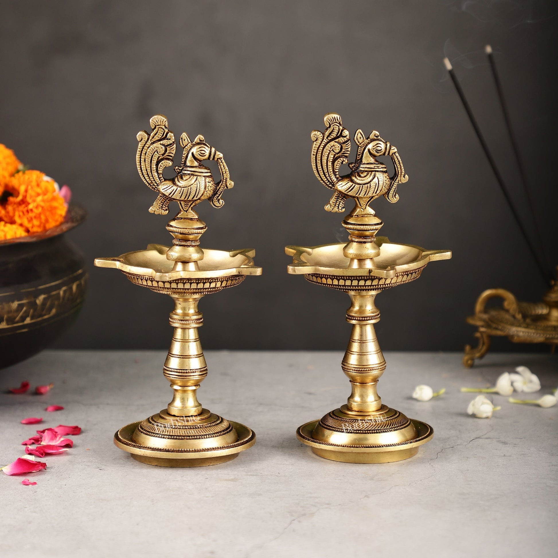 Brass Peacock Oil Lamp 8"