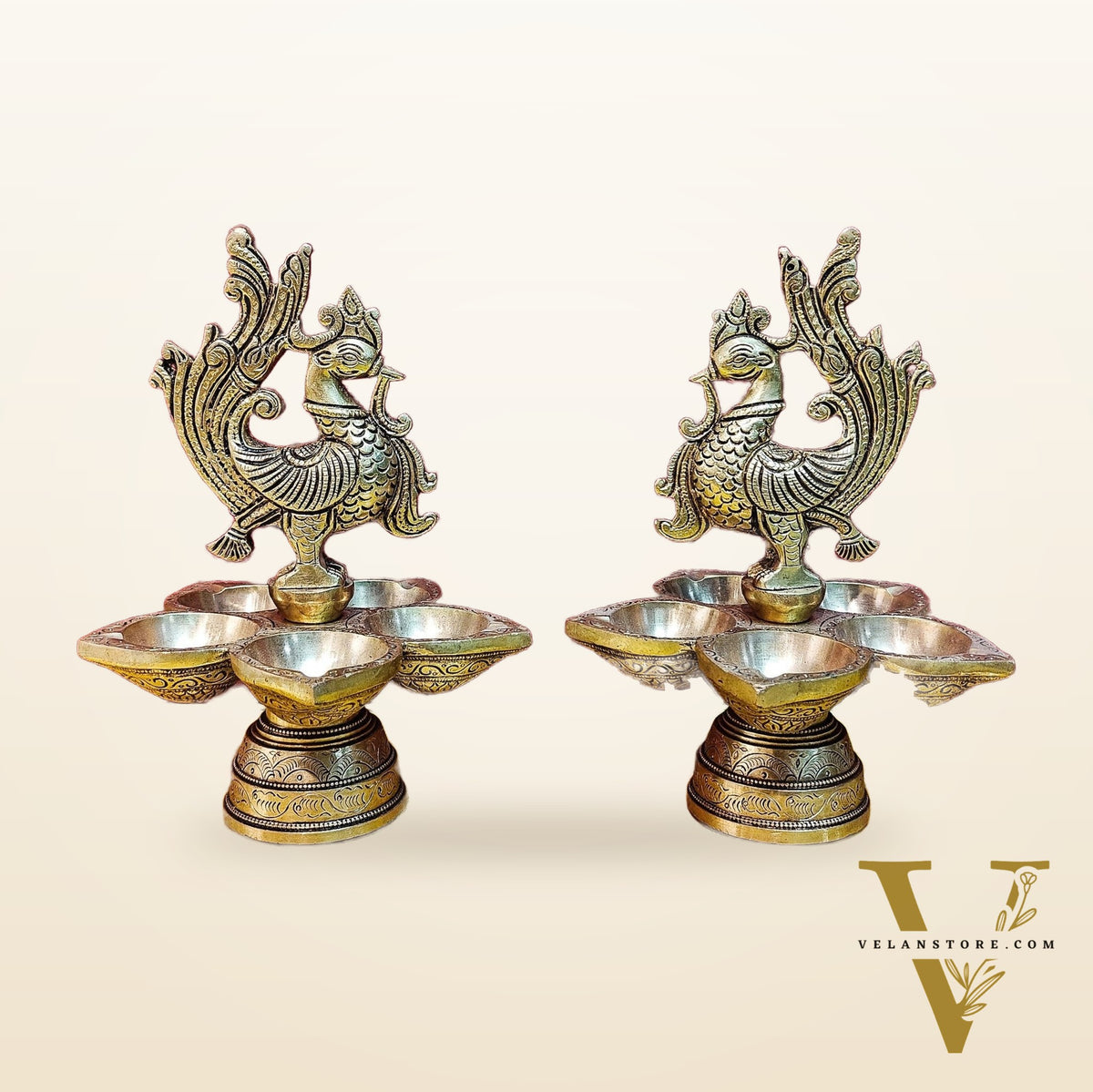 Brass peacock oil lamps 9"