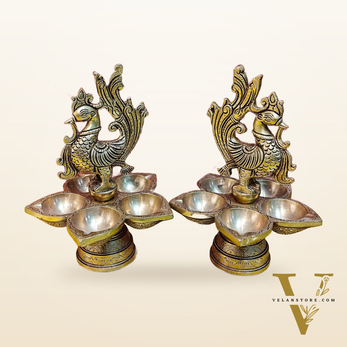 Brass peacock oil lamps 9"