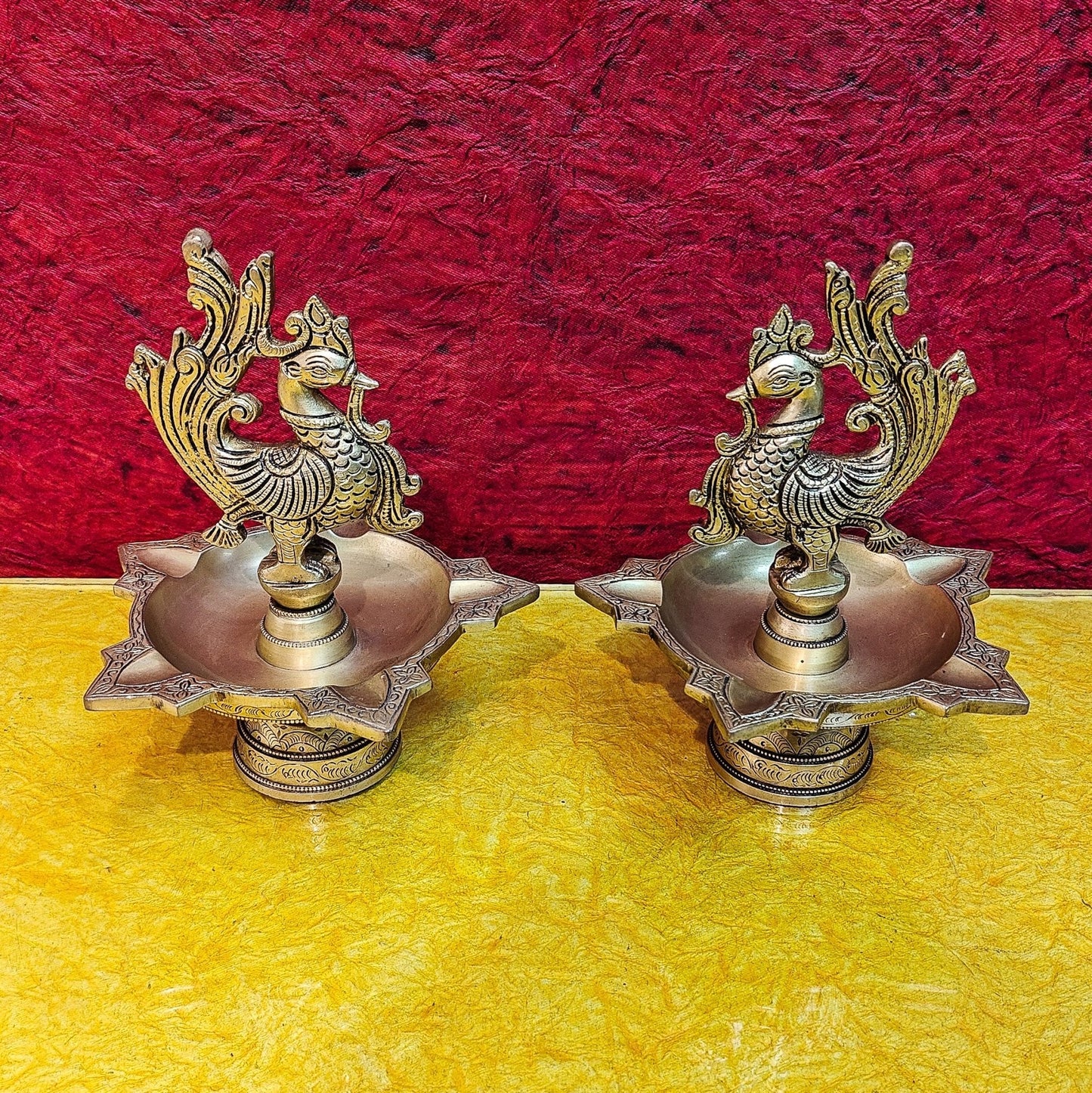 Brass peacock oil lamps 9"
