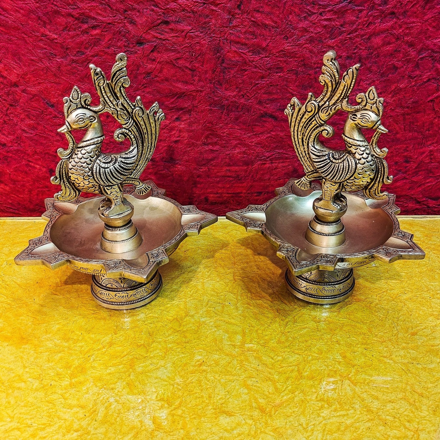 Brass peacock oil lamps 9"