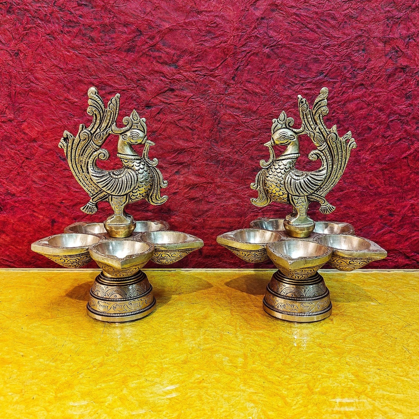 Brass peacock oil lamps 9"