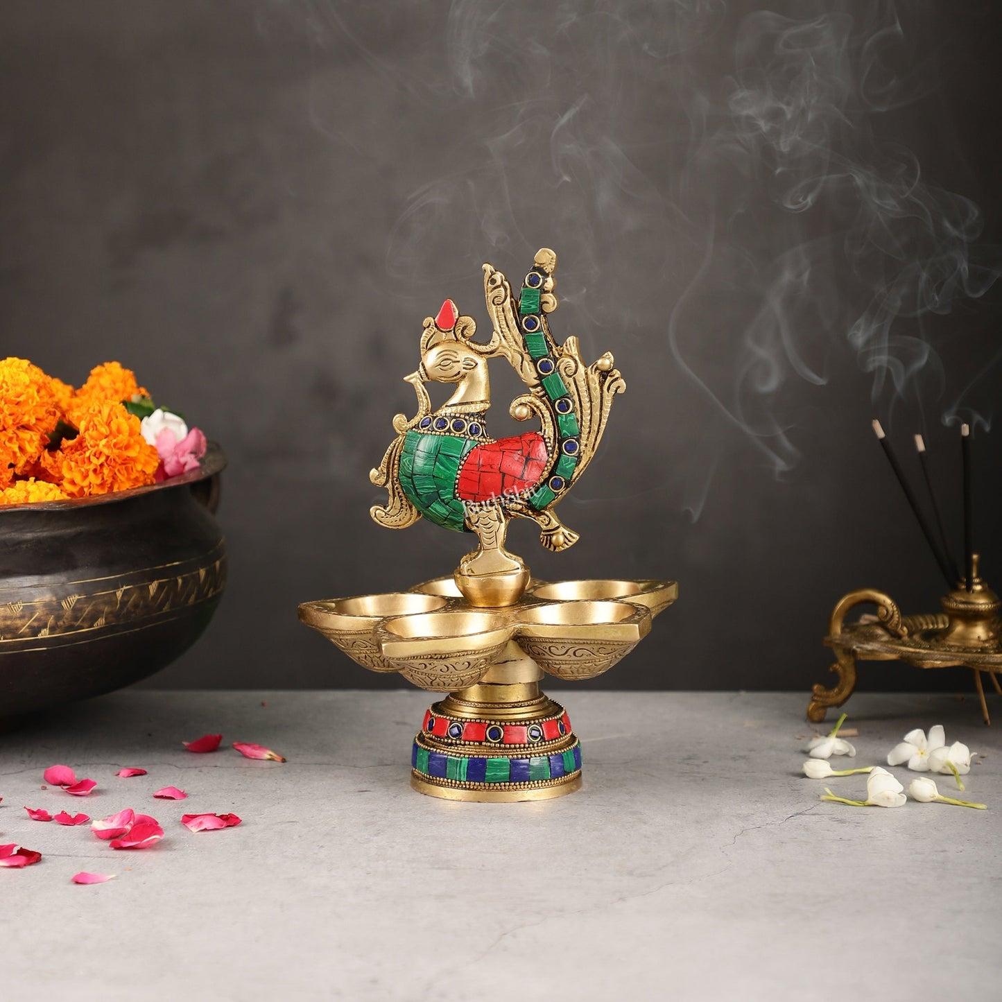 Brass peacock oil lamps 9"