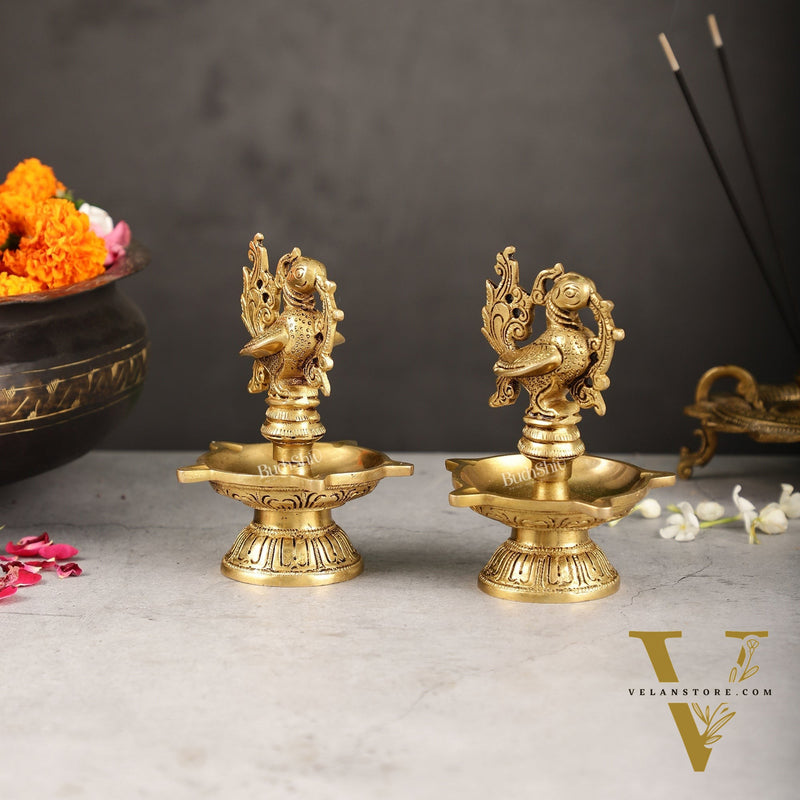 Brass peacock oil lamps diyas 6 inch