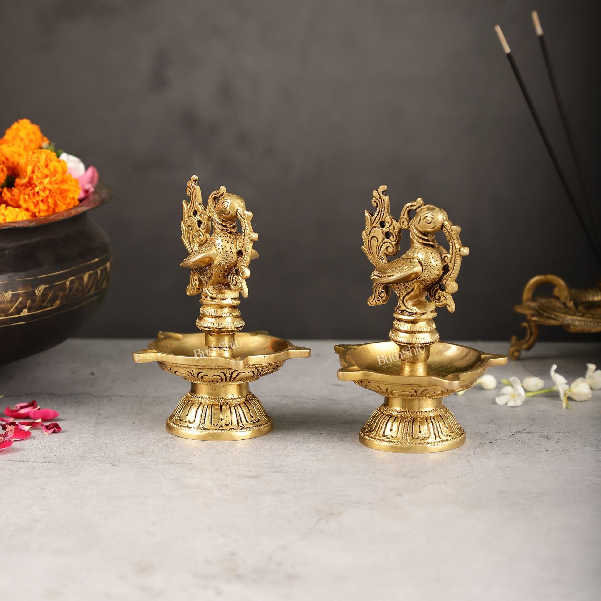 Brass peacock oil lamps diyas 6 inch