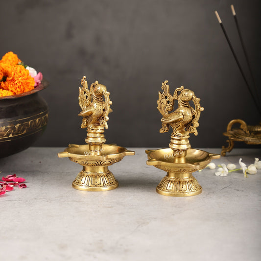 Brass peacock oil lamps diyas 6 inch