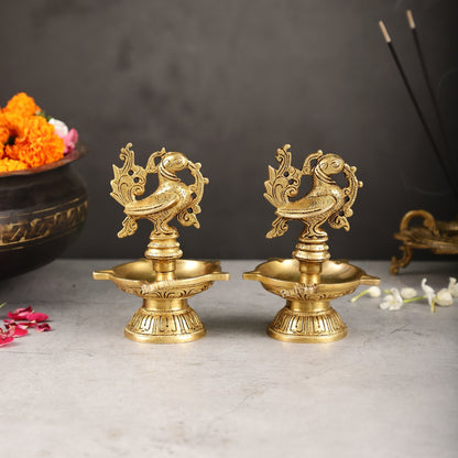 Brass peacock oil lamps diyas 6 inch
