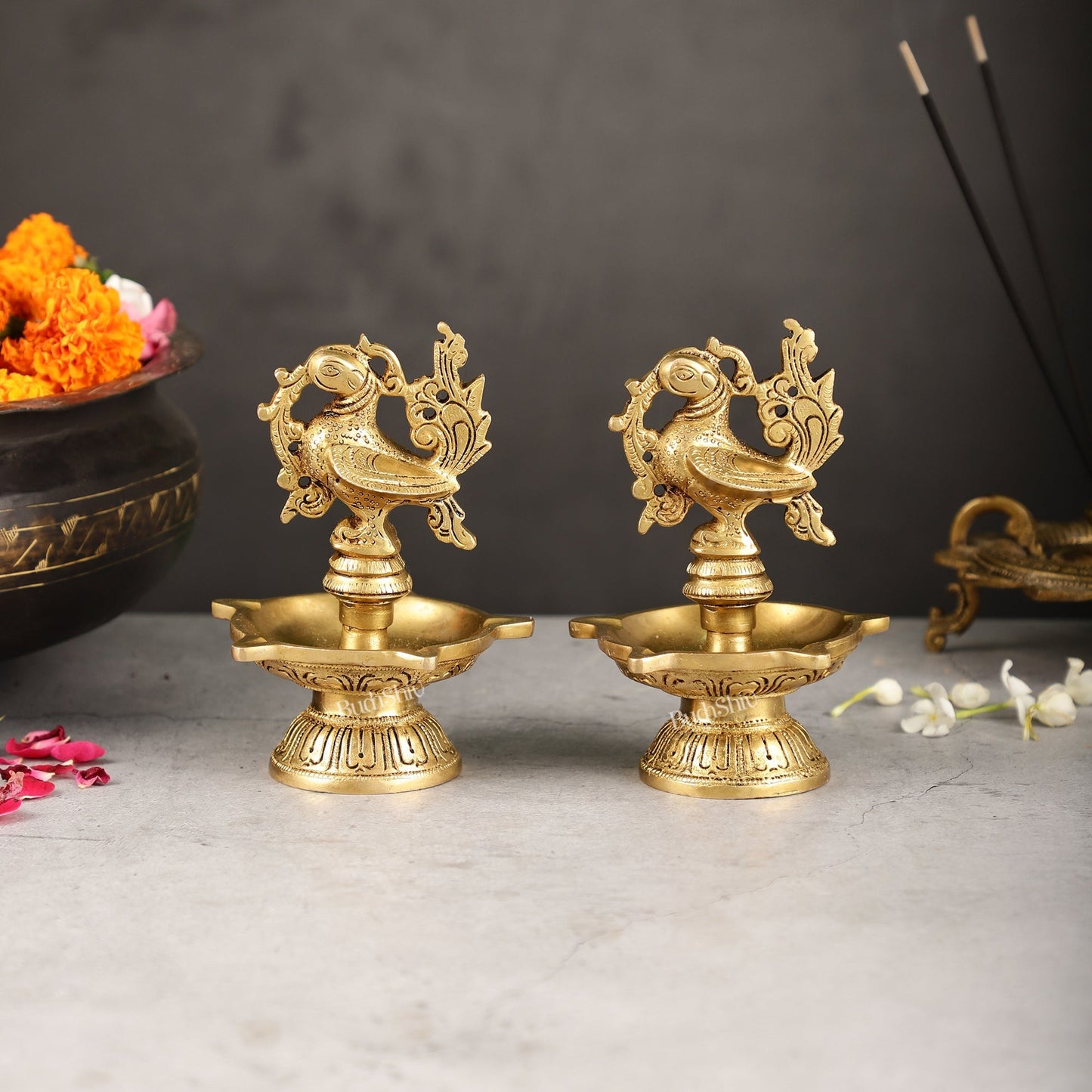 Brass peacock oil lamps diyas 6 inch