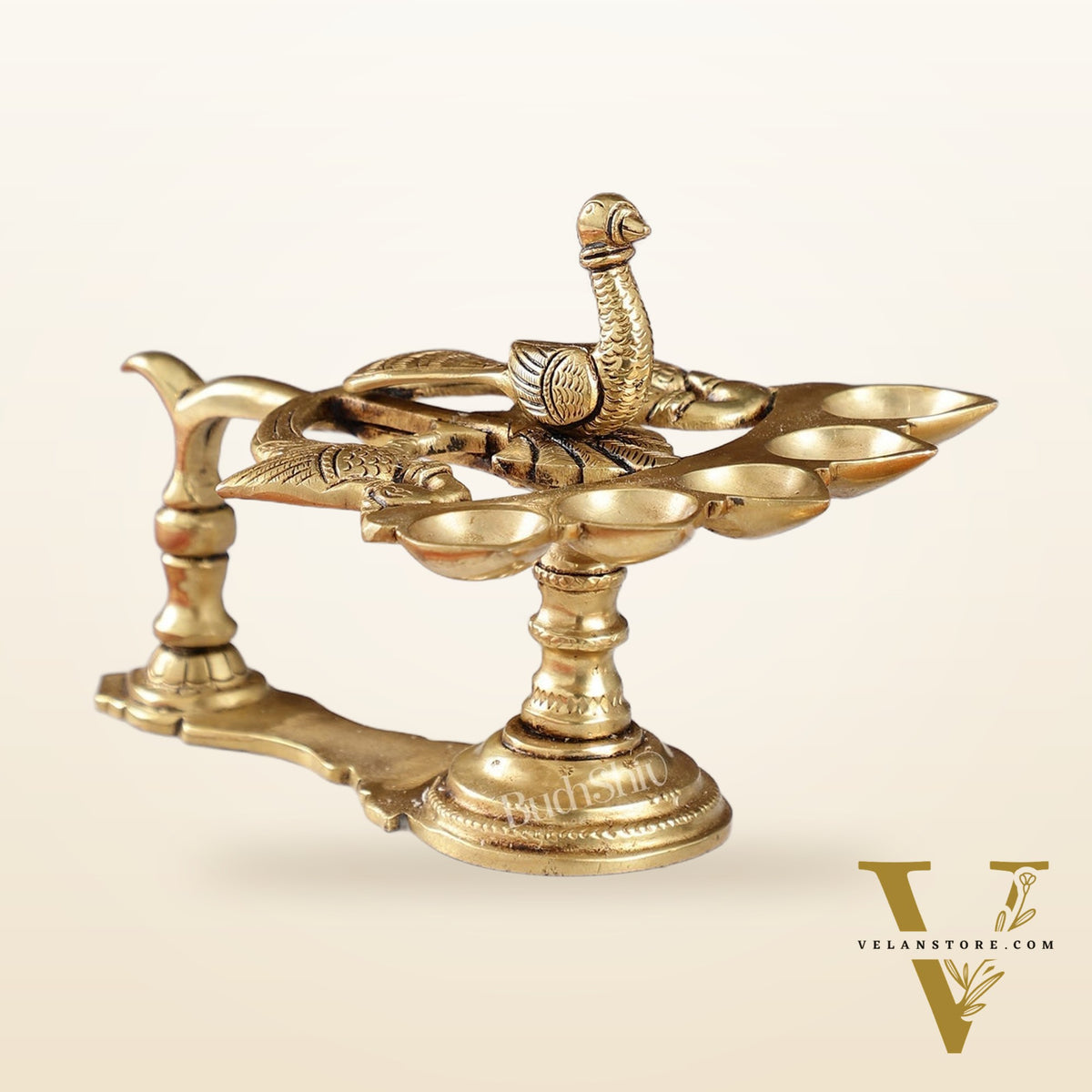 Brass Peacock Panchdeep Aarti Diya with Handle for Pooja | 5.5" Height | Divine Illumination