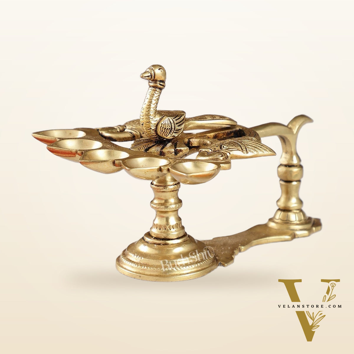 Brass Peacock Panchdeep Aarti Diya with Handle for Pooja | 5.5" Height | Divine Illumination