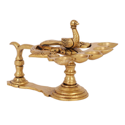 Brass Peacock Panchdeep Aarti Diya with Handle for Pooja | 5.5" Height | Divine Illumination