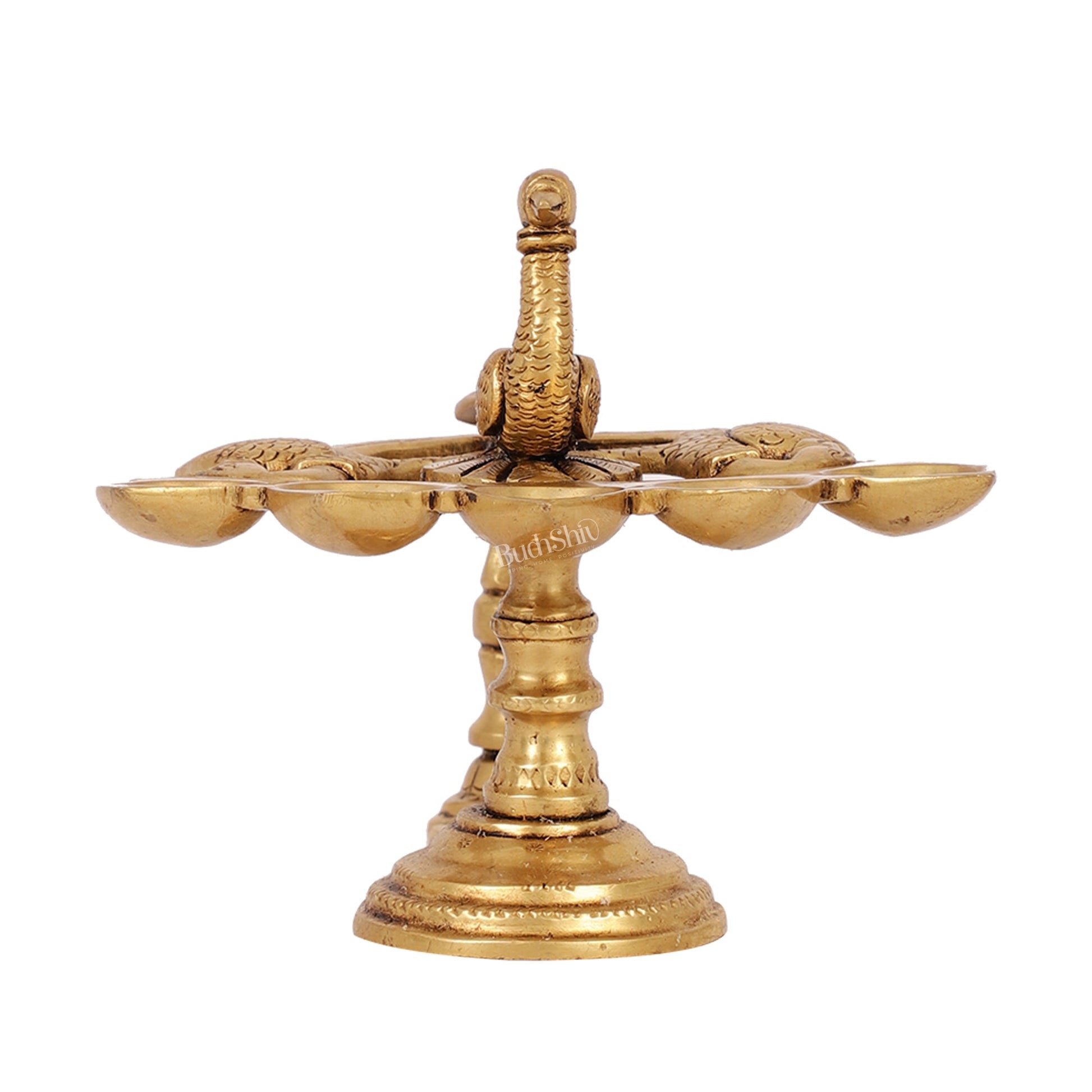 Brass Peacock Panchdeep Aarti Diya with Handle for Pooja | 5.5" Height | Divine Illumination