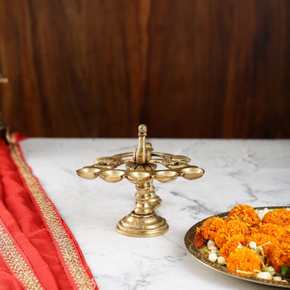 Brass Peacock Panchdeep Aarti Diya with Handle for Pooja | 5.5" Height | Divine Illumination