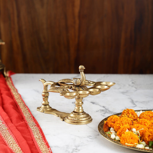 Brass Peacock Panchdeep Aarti Diya with Handle for Pooja | 5.5" Height | Divine Illumination