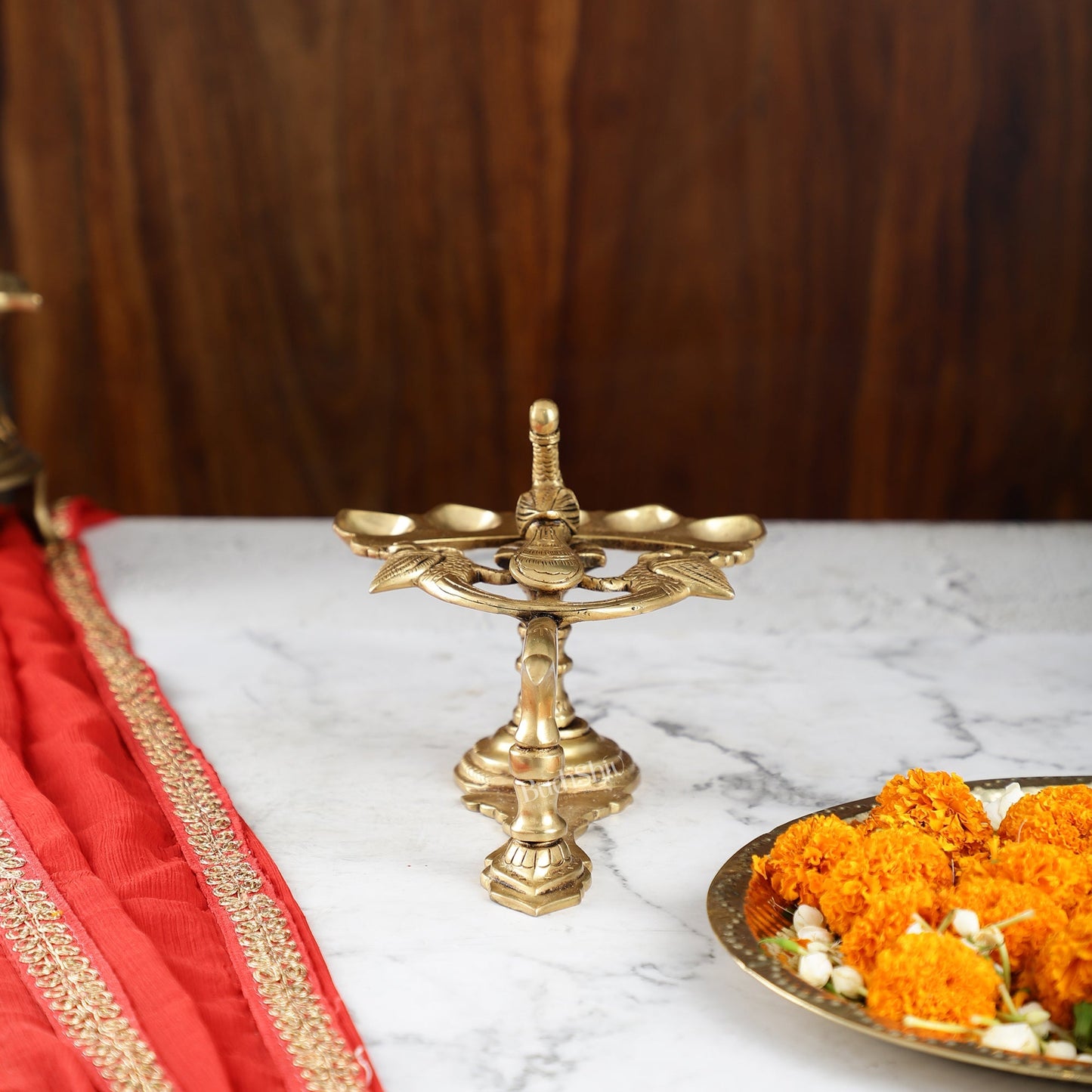 Brass Peacock Panchdeep Aarti Diya with Handle for Pooja | 5.5" Height | Divine Illumination