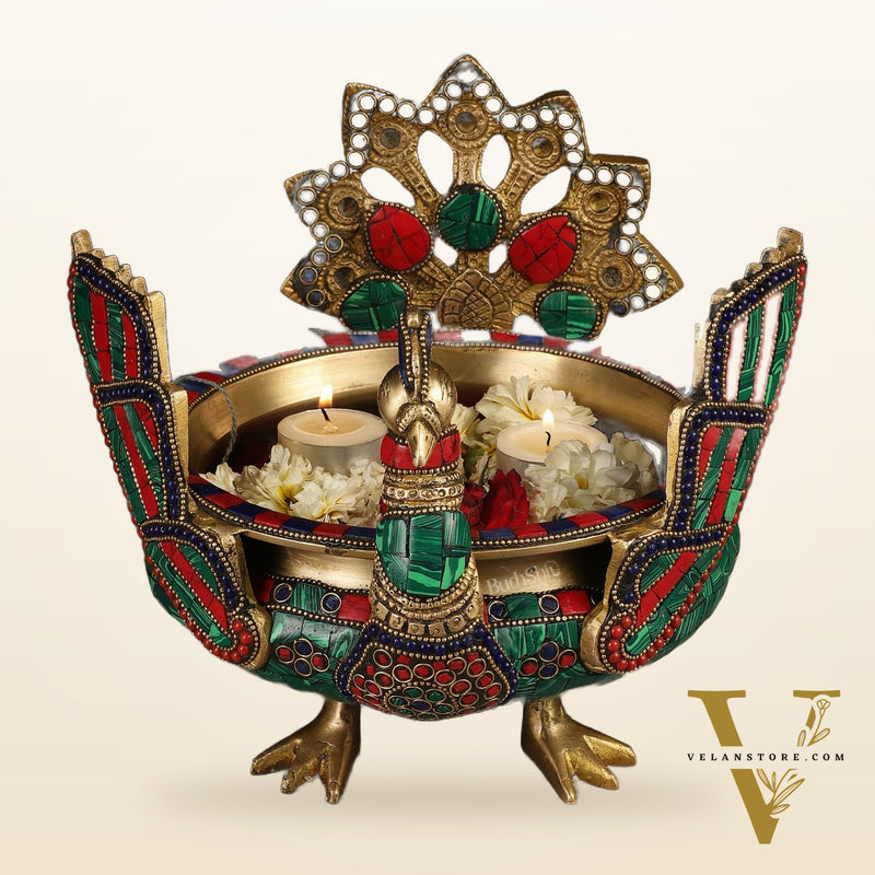 Brass Peacock Shaped Urli Bowl with Stand - Exquisite Decorative Accent