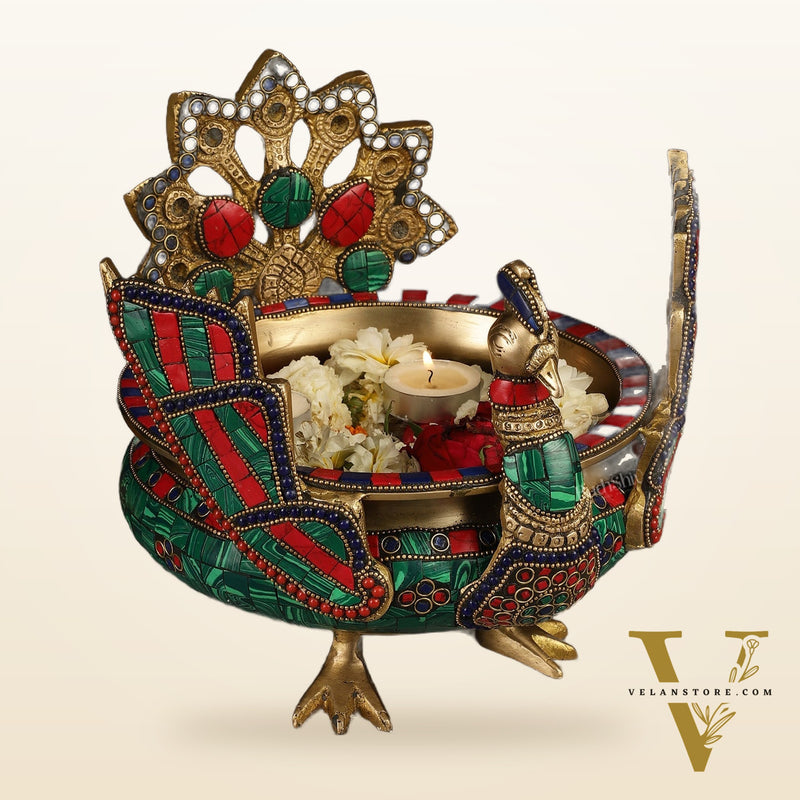Brass Peacock Shaped Urli Bowl with Stand - Exquisite Decorative Accent