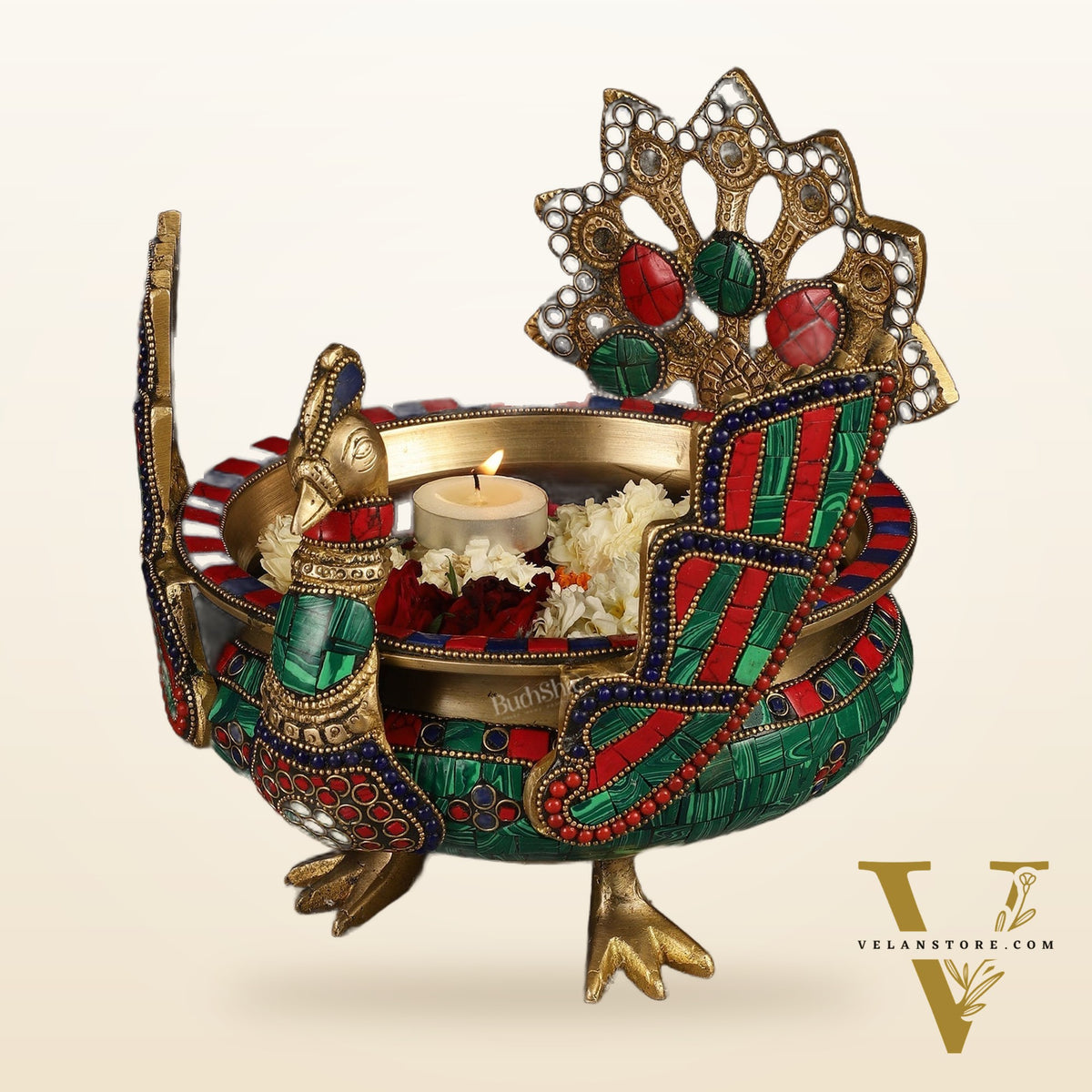 Brass Peacock Shaped Urli Bowl with Stand - Exquisite Decorative Accent