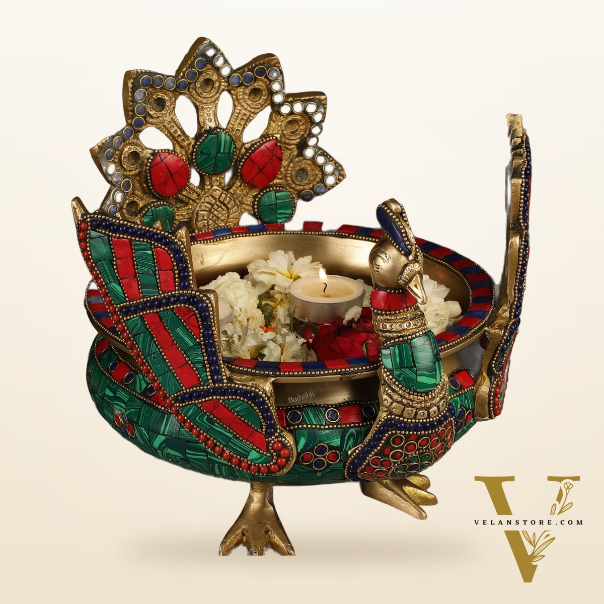 Brass Peacock Shaped Urli Bowl with Stand - Exquisite Decorative Accent