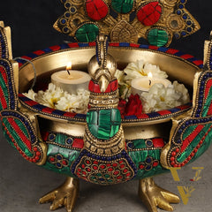 Brass Peacock Shaped Urli Bowl with Stand - Exquisite Decorative Accent