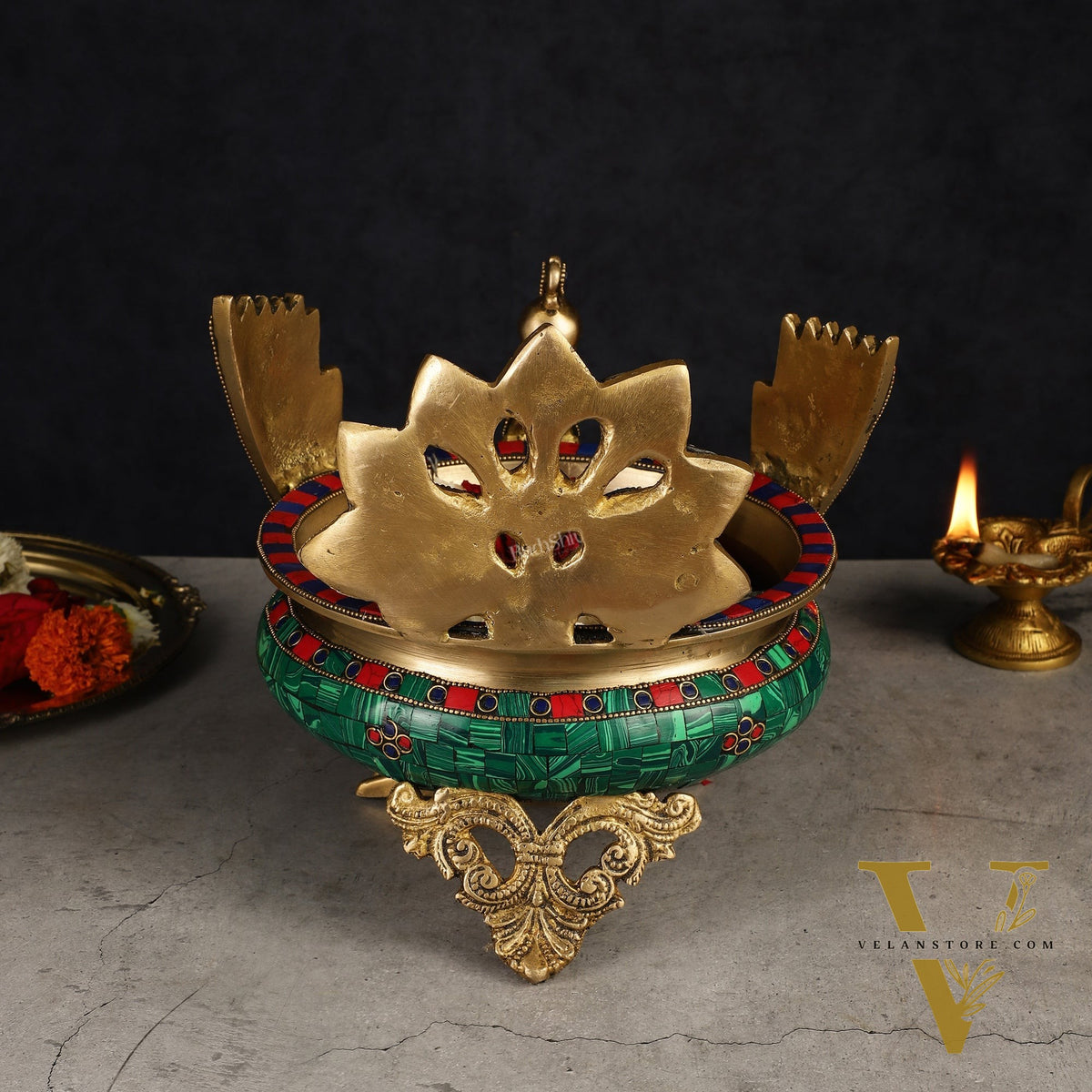 Brass Peacock Shaped Urli Bowl with Stand - Exquisite Decorative Accent