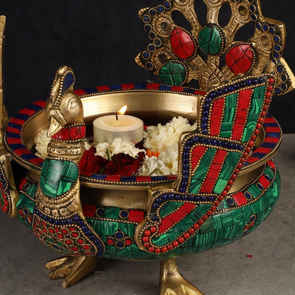 Brass Peacock Shaped Urli Bowl with Stand - Exquisite Decorative Accent