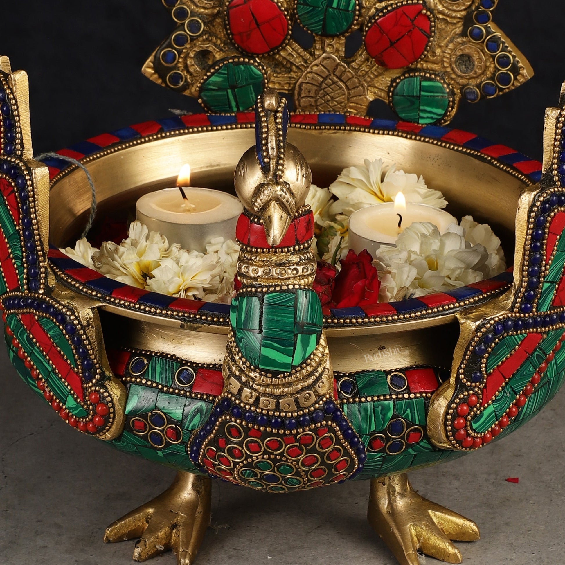 Brass Peacock Shaped Urli Bowl with Stand - Exquisite Decorative Accent