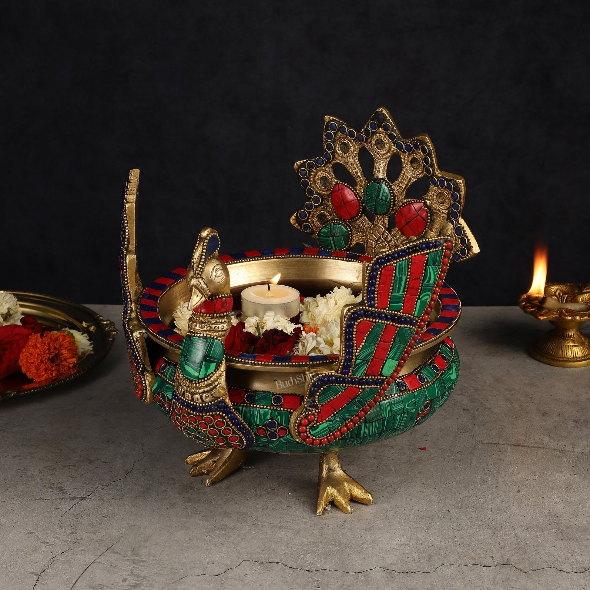 Brass Peacock Shaped Urli Bowl with Stand - Exquisite Decorative Accent