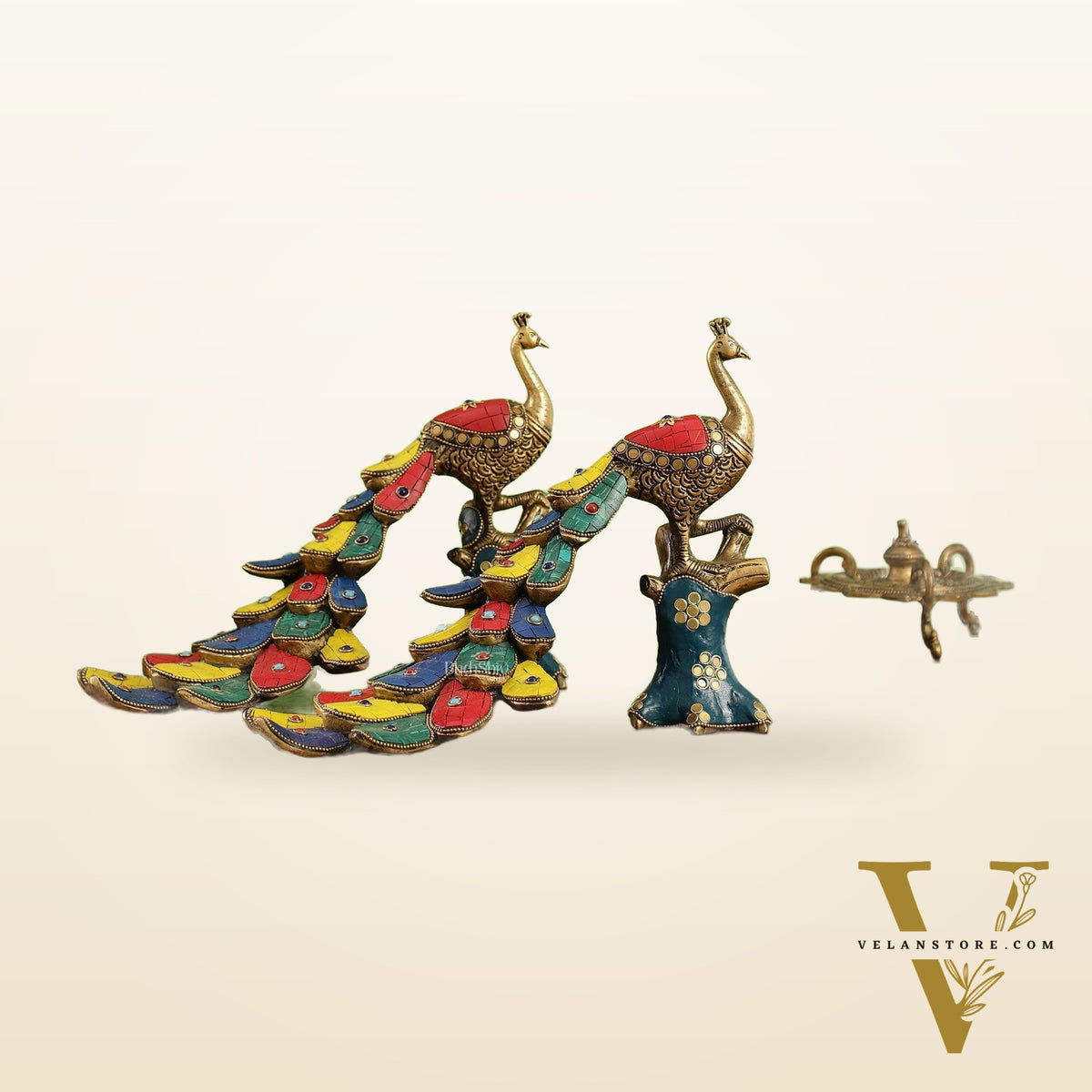 Brass peacock showpiece 12 inch multicolour stonework