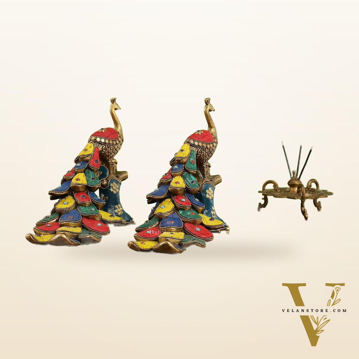 Brass peacock showpiece 12 inch multicolour stonework