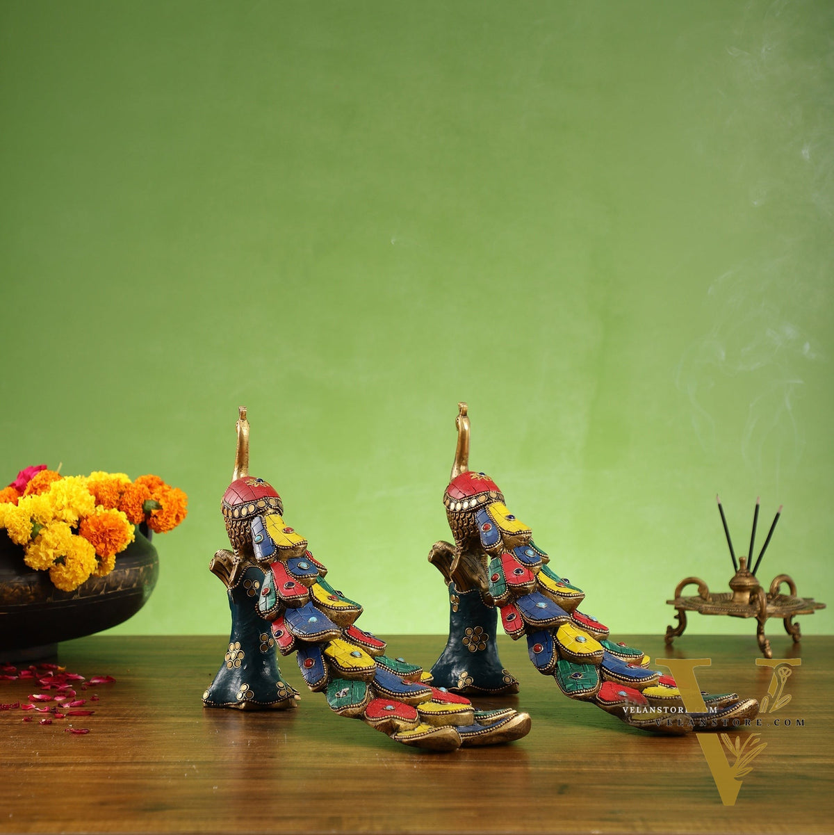 Brass peacock showpiece 12 inch multicolour stonework